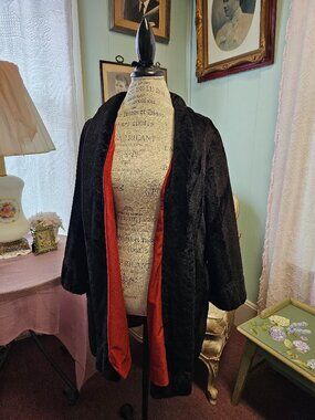 Vintage 50s 60s Black Faux Fur Swing Coat Burnt Orange Lining Mid Century Glam